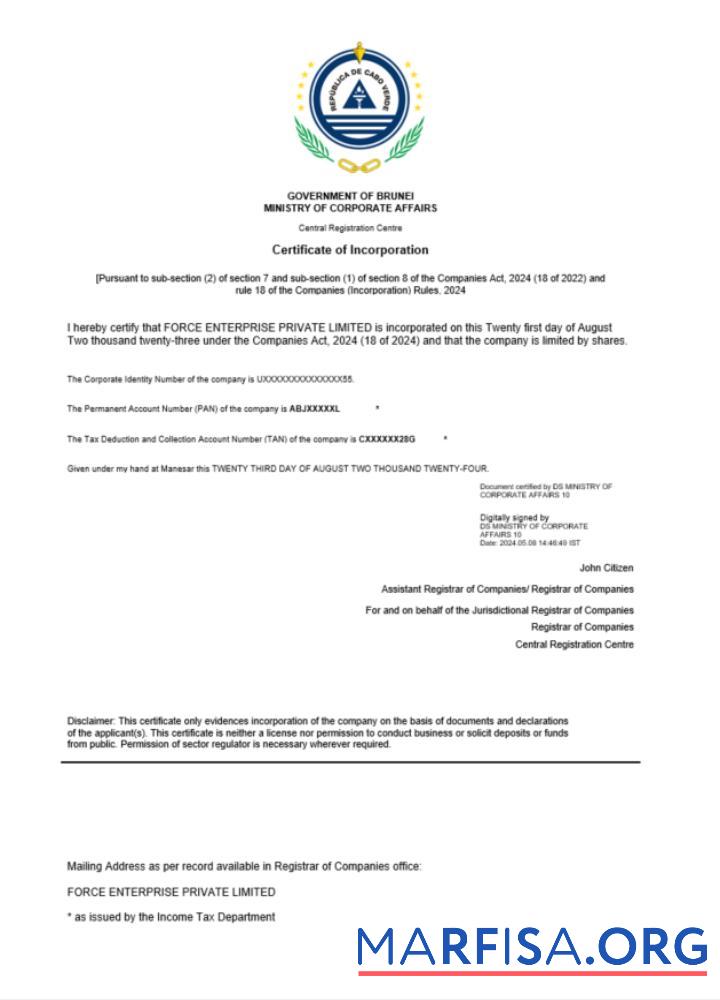 Realistic Cabo Verde certificate of registration Word and PDF template